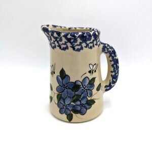 Alpine Pottery Pitcher BEES Creamer Blue Floral Spongeware Roseville Ohio 2000